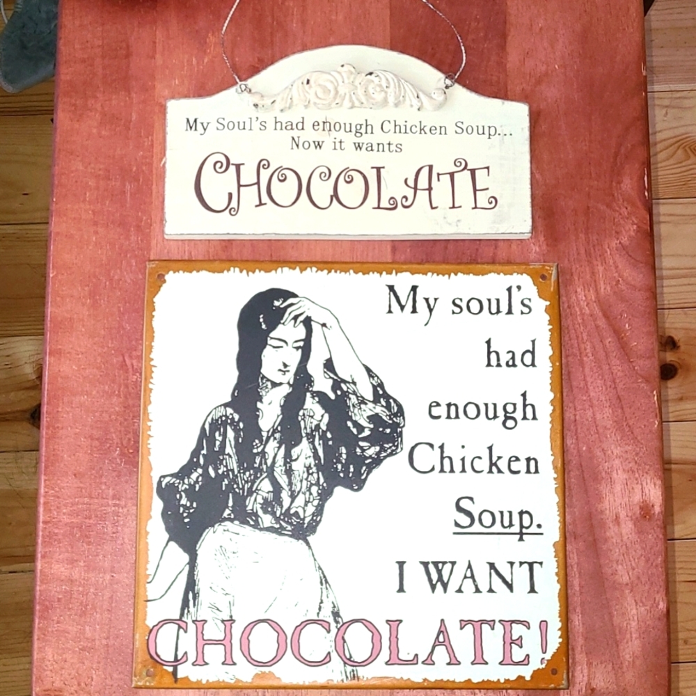 Vintage Style Chocolate Lovers vs Chicken Soup Wall Signs Distressed Victorian